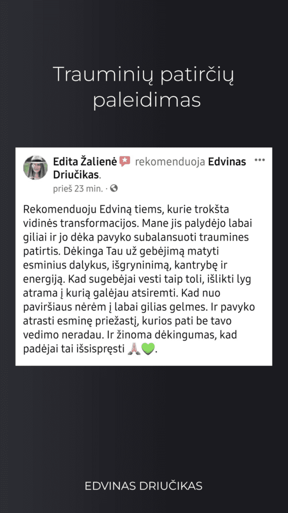 Emocinių patirčių paleidimas, trauminių patirčių paleidimas, praeities paleidimas ir subalansavimas.
